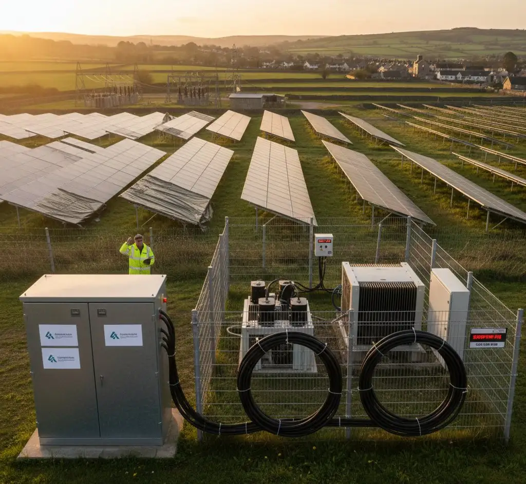 Solar installation with grid connection and DNO compliance equipment