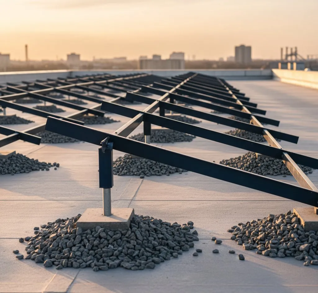 Solar panels installed on tilt frames on a flat roof