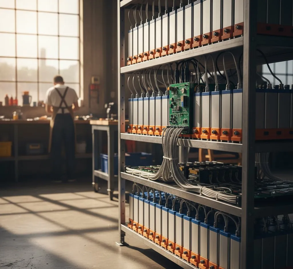 DIY battery assembly with tools and LiFePO4 cells on a workbench