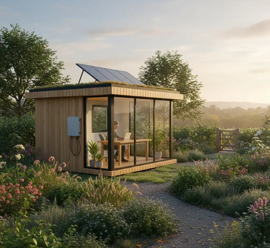 Garden office building with solar panels on the roof