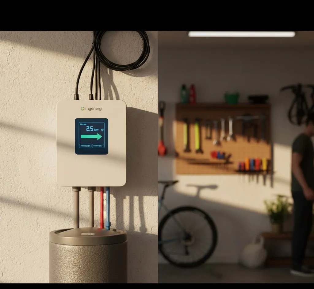 Myenergi Eddi solar diverter installed next to a hot water cylinder