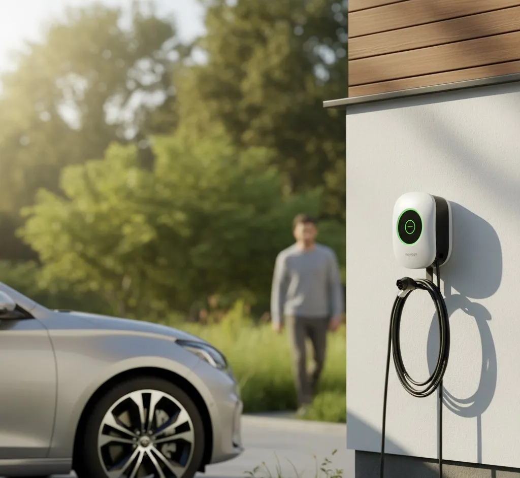 Myenergi Zappi EV charger mounted on a wall next to a driveway