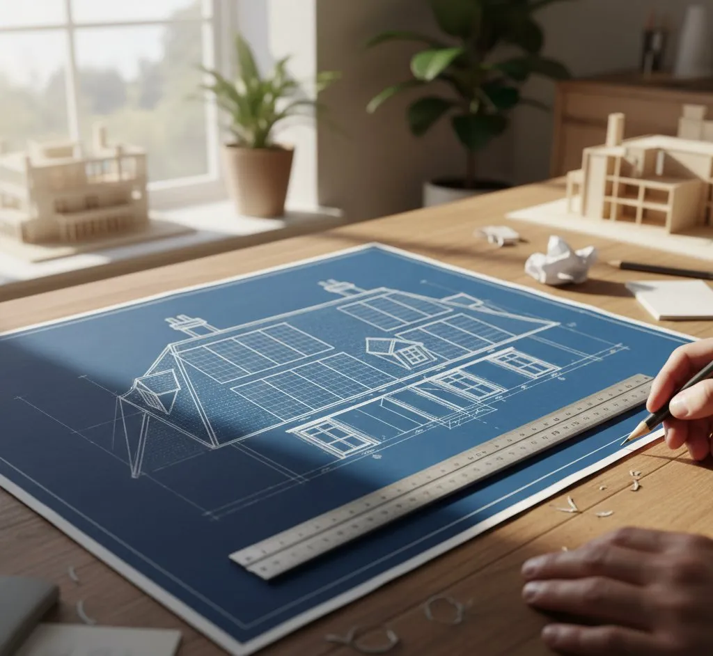 Solar installer measuring a UK roof with panels being laid out
