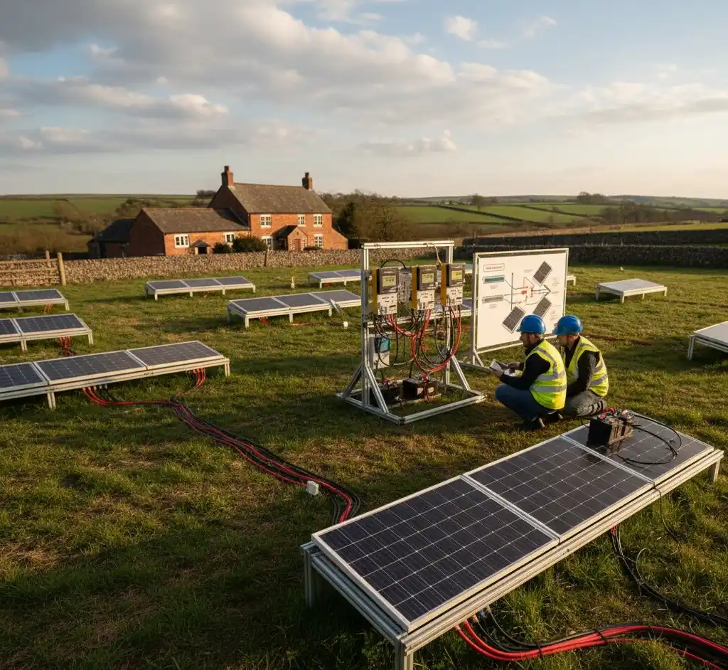 Technical solar panel wiring and string configuration on a rooftop installation