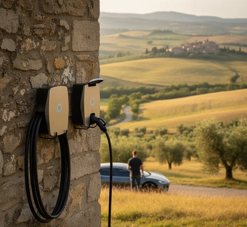 Electric vehicle plugged into a home charging station on a residential driveway