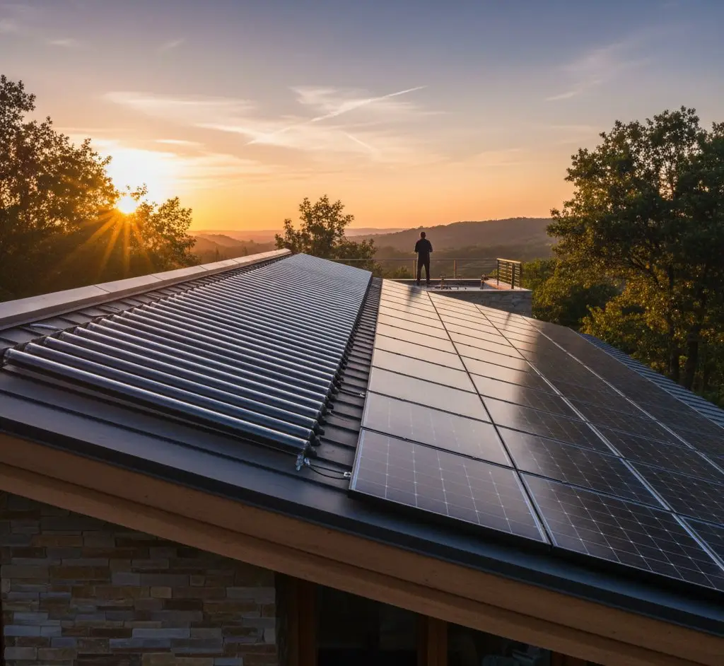 Solar panels on a UK roof comparing thermal and photovoltaic technologies