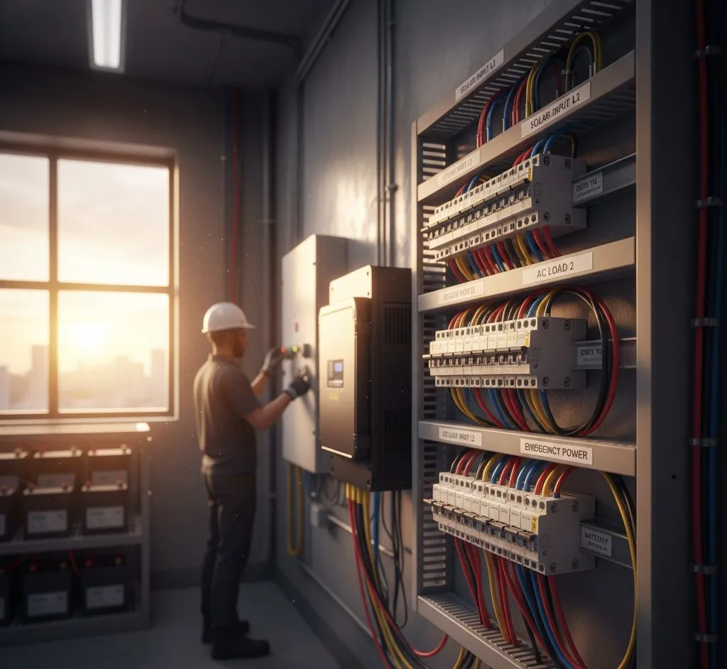 Electrical installation comparing single-phase and three-phase power supply for solar