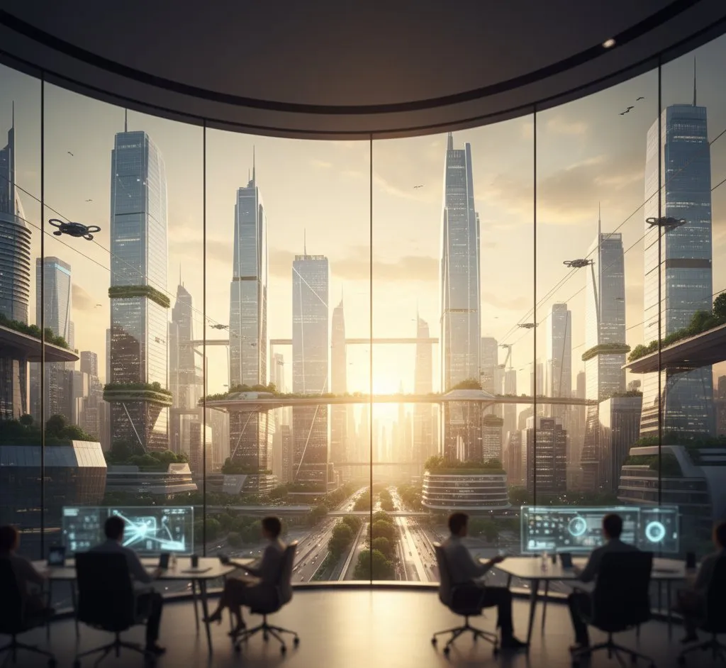 Futuristic building with transparent solar glass technology integrated into windows