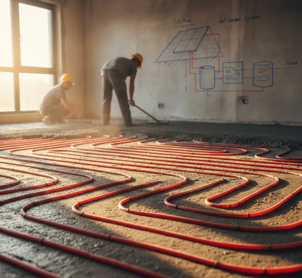 Underfloor heating system and swimming pool representing solar-heated home comfort
