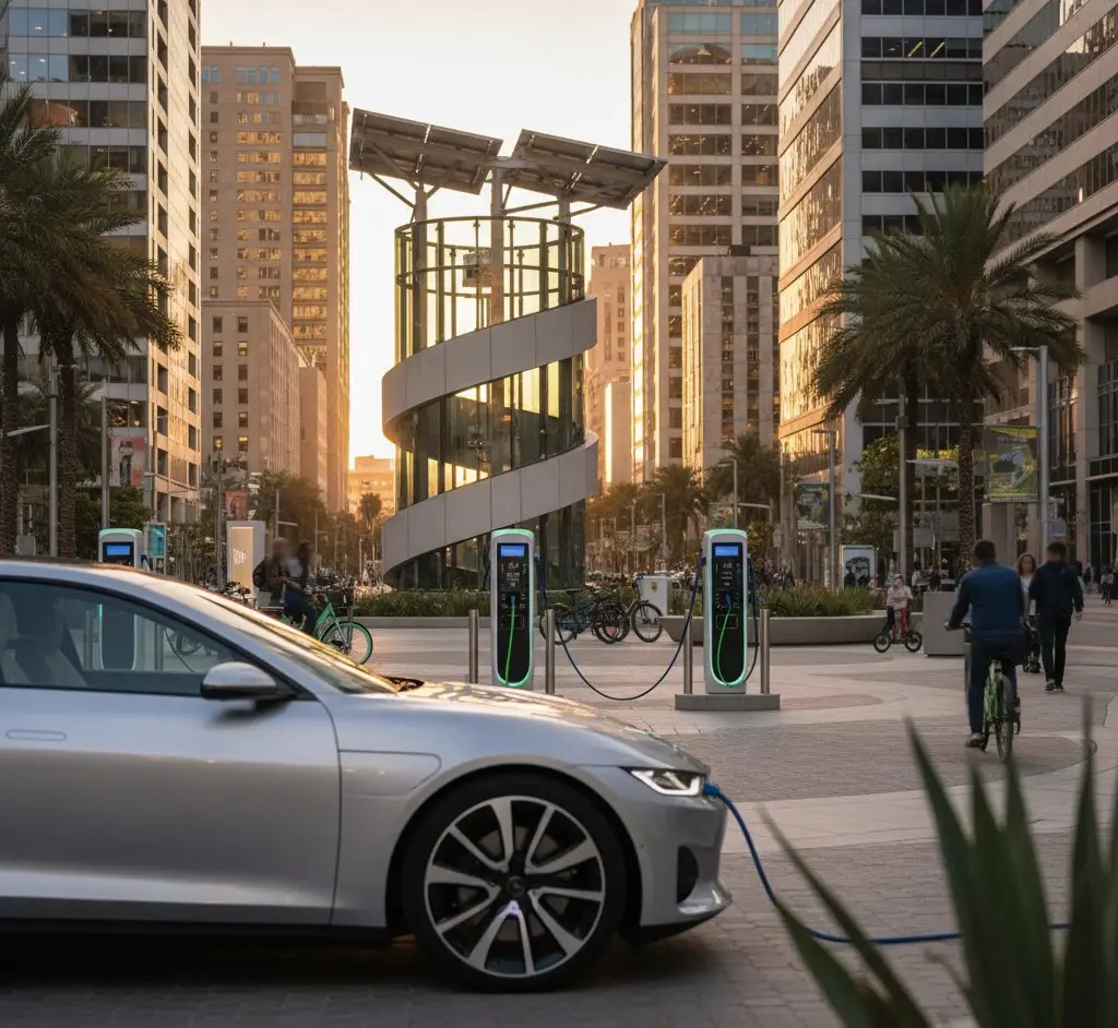 Electric vehicle connected to bidirectional charger representing V2X energy integration